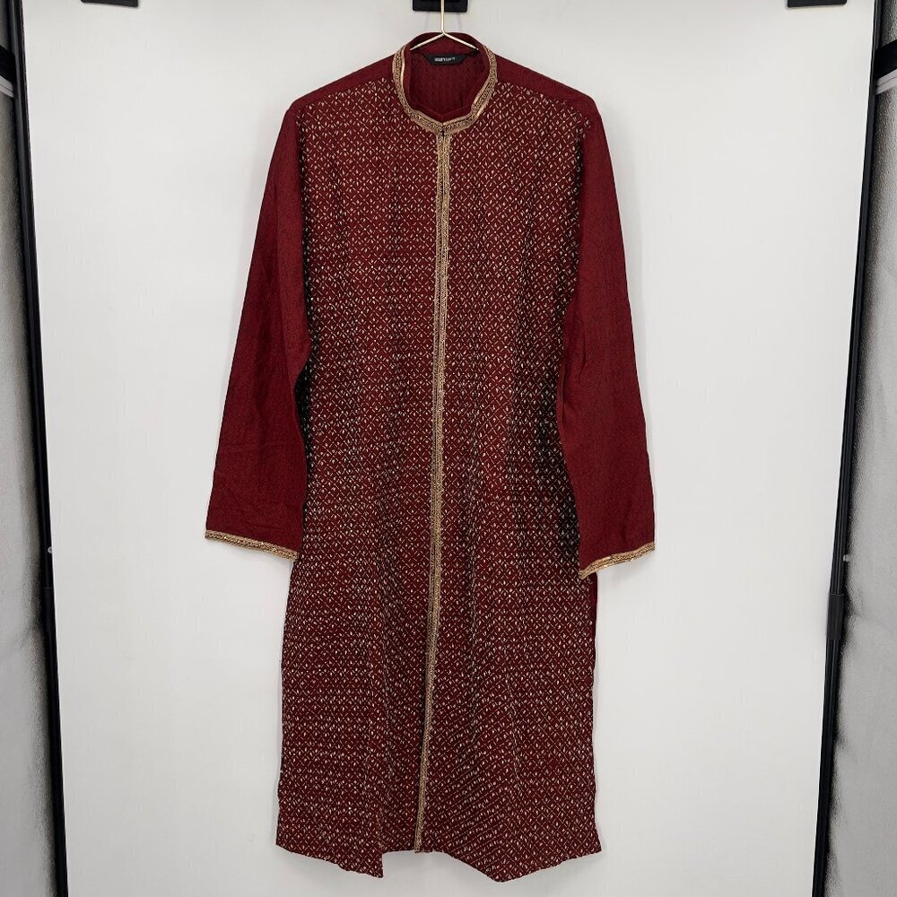 Benzer Traditional Maroon Embroidered Kurta with Gold Trim Mens — Size 40